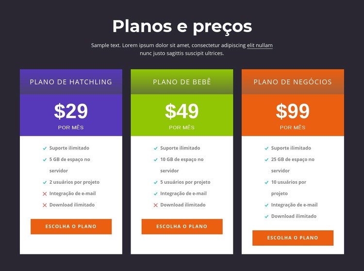 Planos e preços Maquete do site