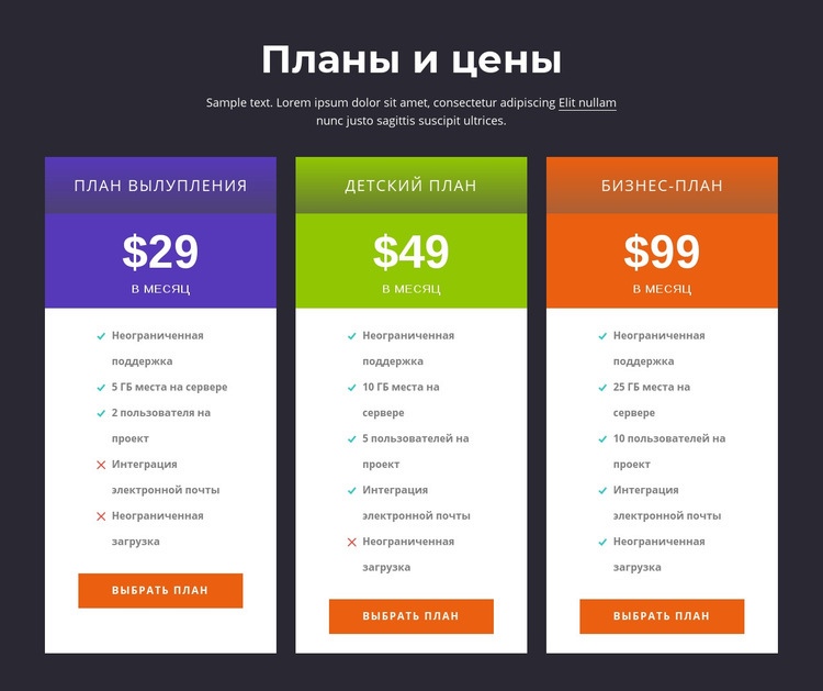 Планы и цены Конструктор сайтов HTML