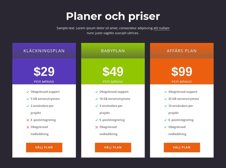 Planer och priser CSS -mall