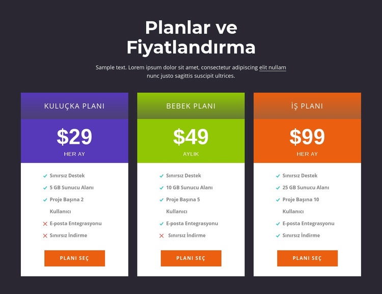 Planlar ve fiyatlandırma Açılış sayfası