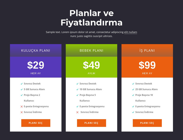 Planlar ve fiyatlandırma HTML Şablonu