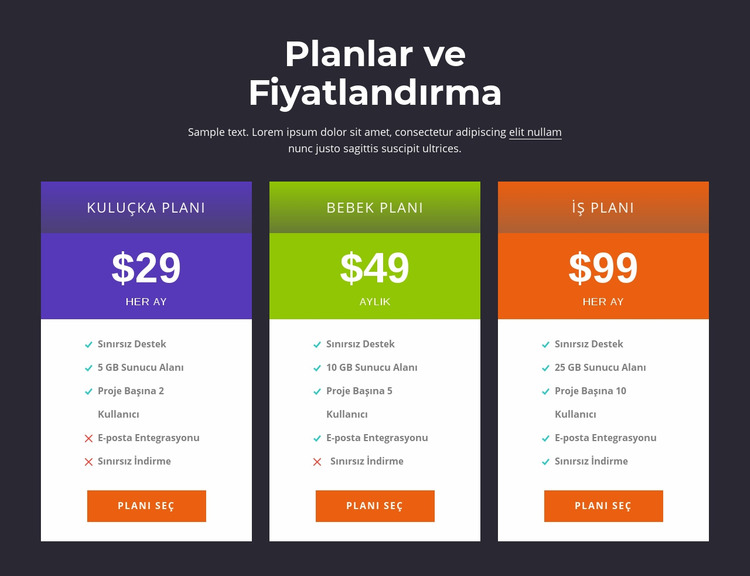 Planlar ve fiyatlandırma Joomla Şablonu