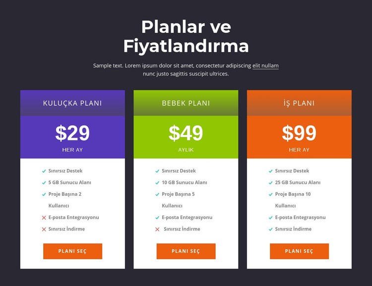 Planlar ve fiyatlandırma Bir Sayfa Şablonu