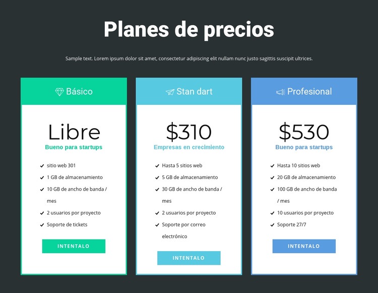 Bloque de precios receptivo Página de destino