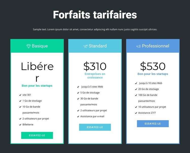Bloc de tarification réactif Maquette de site Web