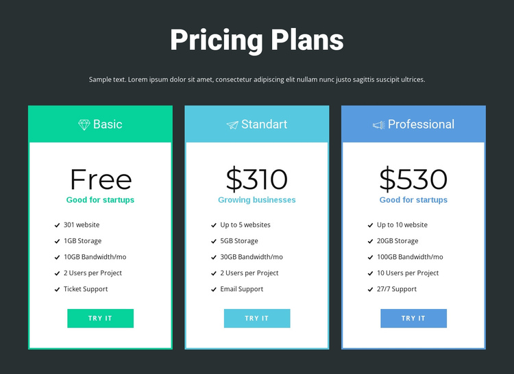 Responsive pricing block One Page Template