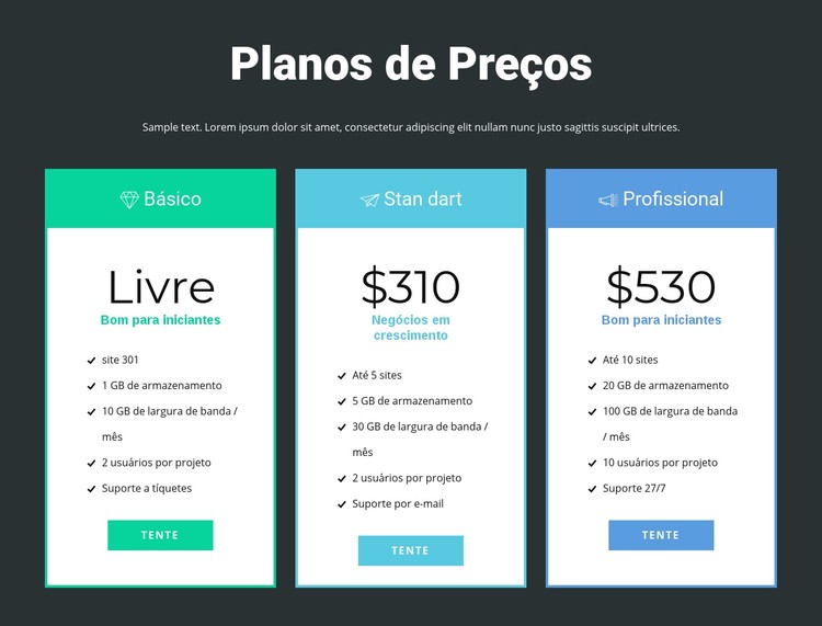 Bloco de preços responsivo Template CSS