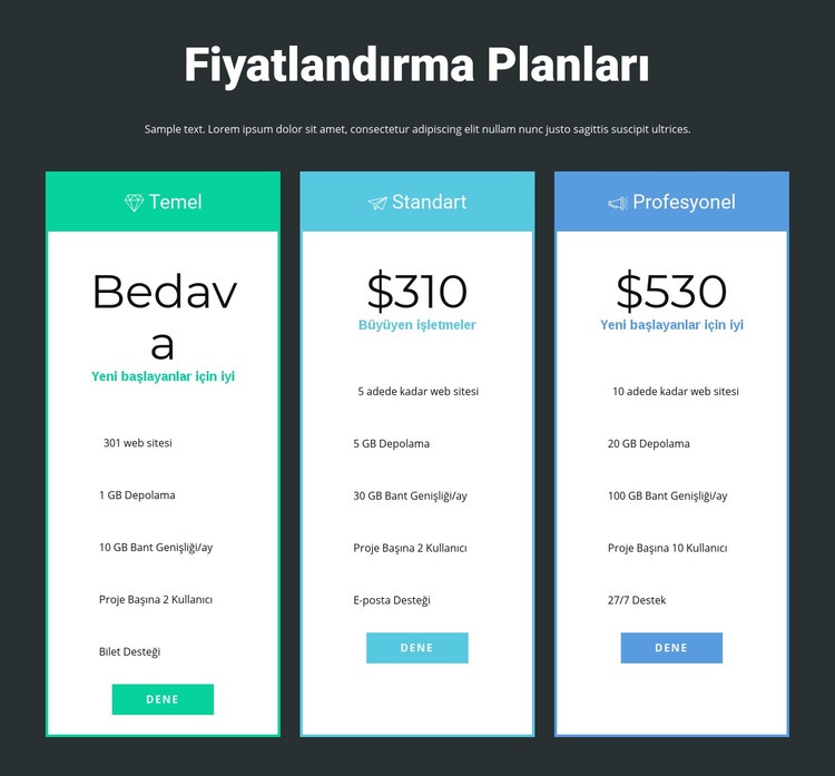 Duyarlı fiyatlandırma bloğu Açılış sayfası