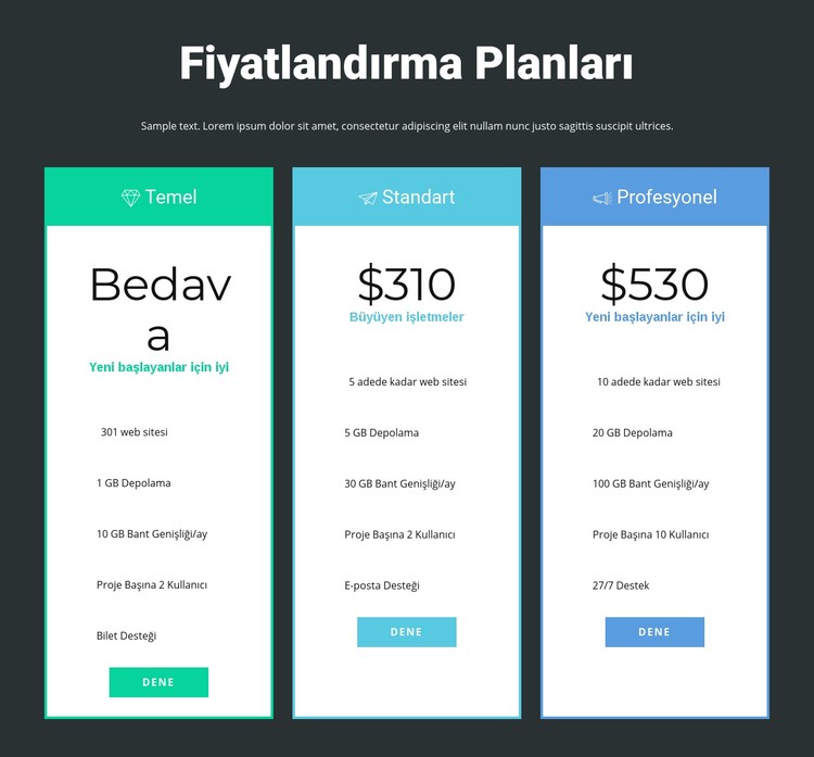 Duyarlı fiyatlandırma bloğu CSS Şablonu