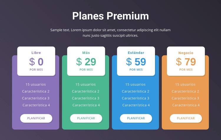 Bloque de precios Plantillas de creación de sitios web