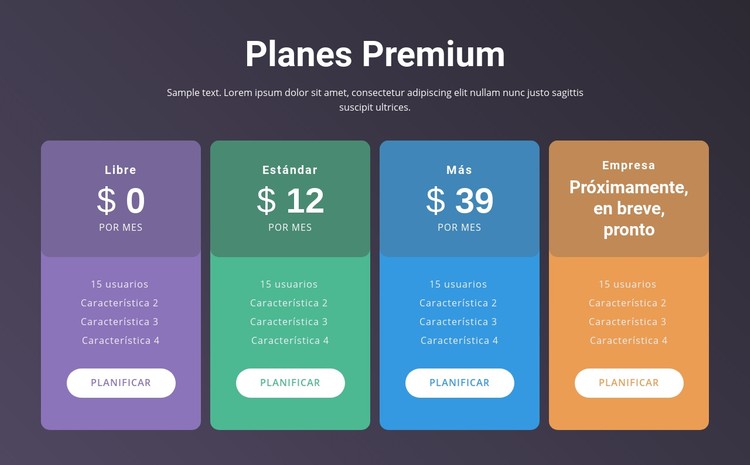 4 planes de precios Plantilla CSS