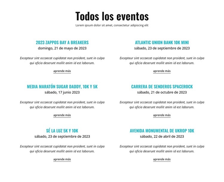 Todos los eventos en ejecución Maqueta de sitio web