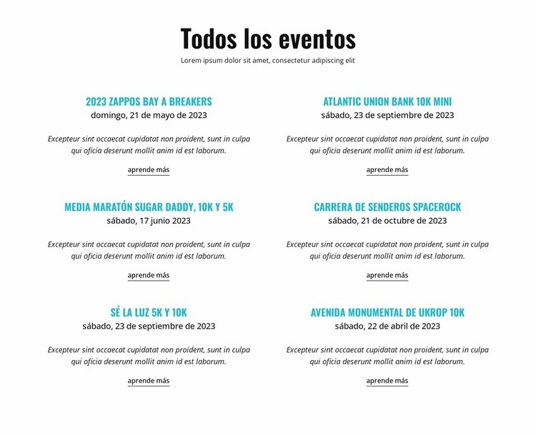 Todos los eventos en ejecución Página de destino