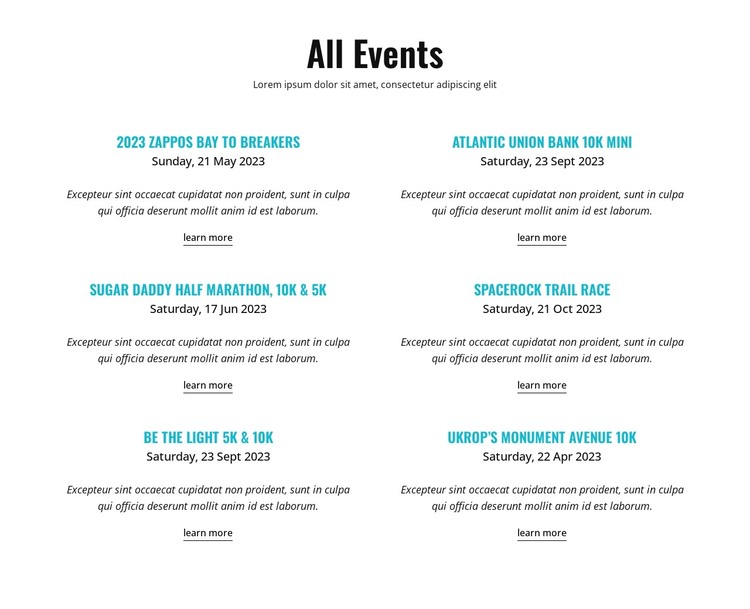 All running events HTML Template