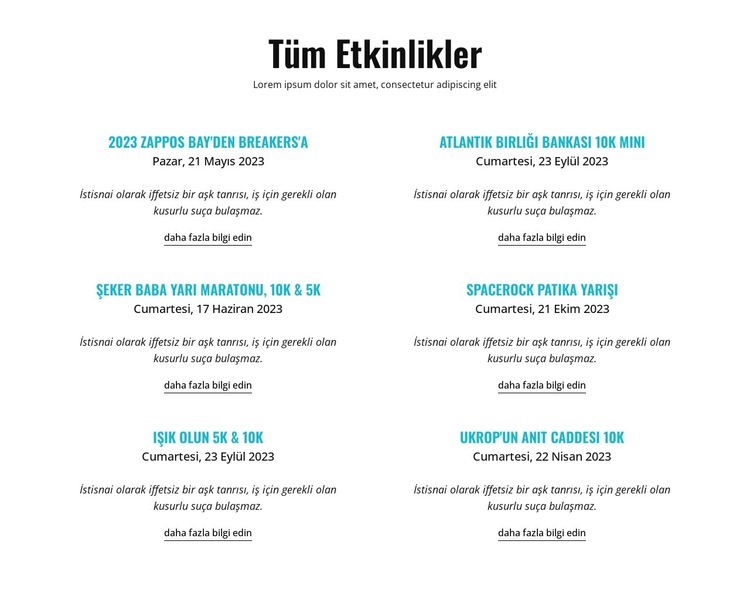 Tüm devam eden etkinlikler Html Web Sitesi Oluşturucu