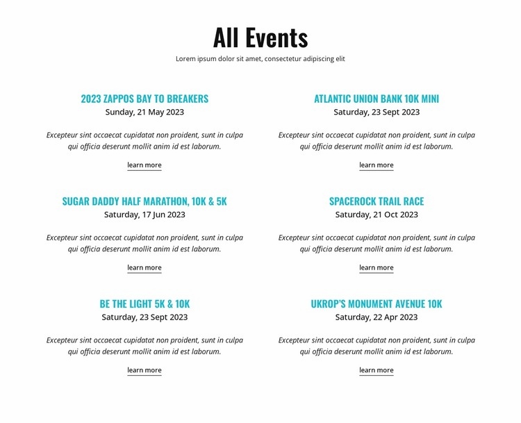 All running events Web Page Design