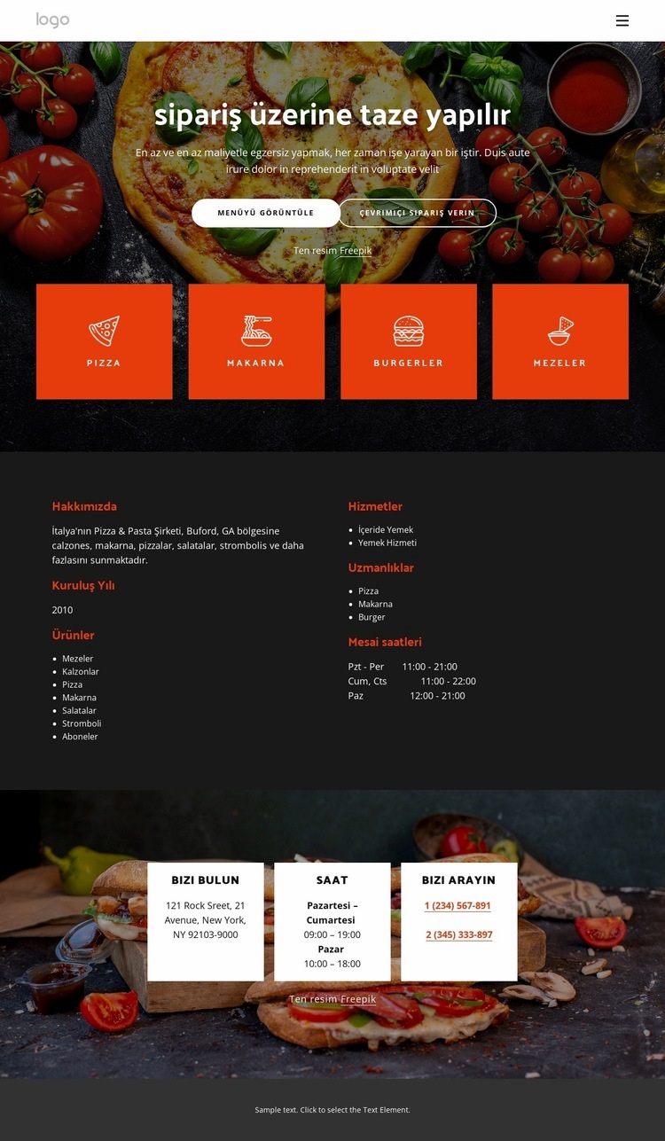 Pizzacı taze pizza sunar Web sitesi tasarımı