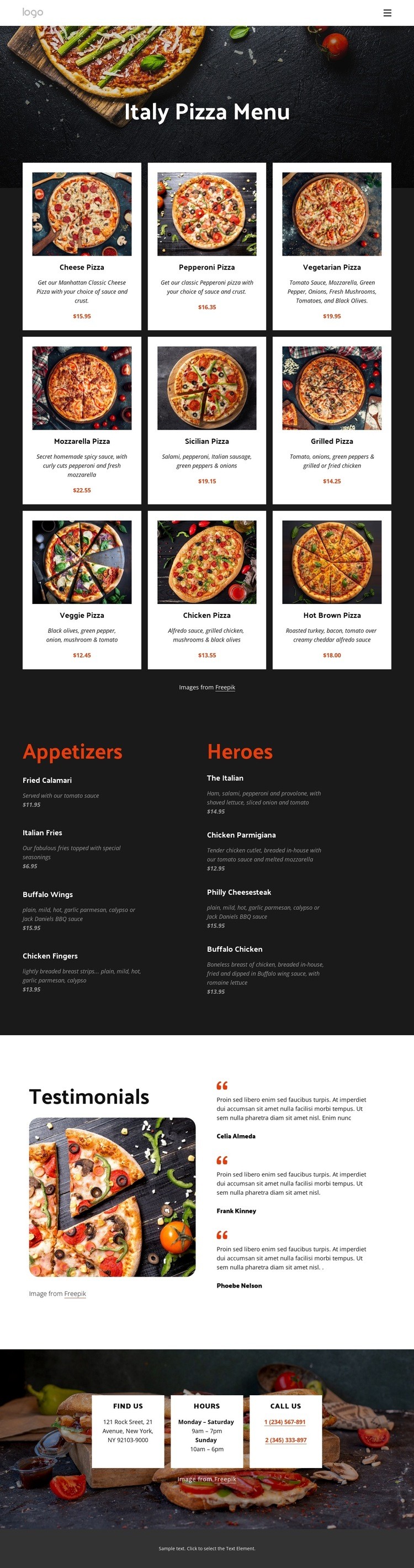 Our pizza menu Homepage Design