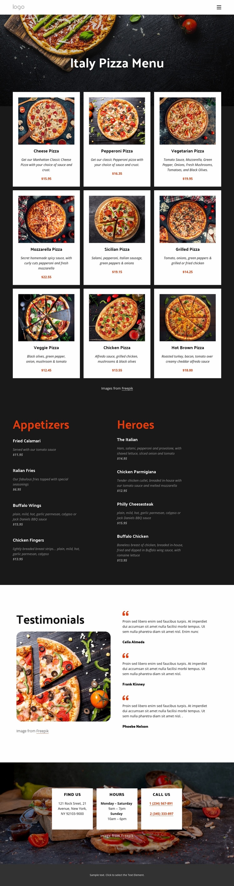 Our pizza menu Website Design