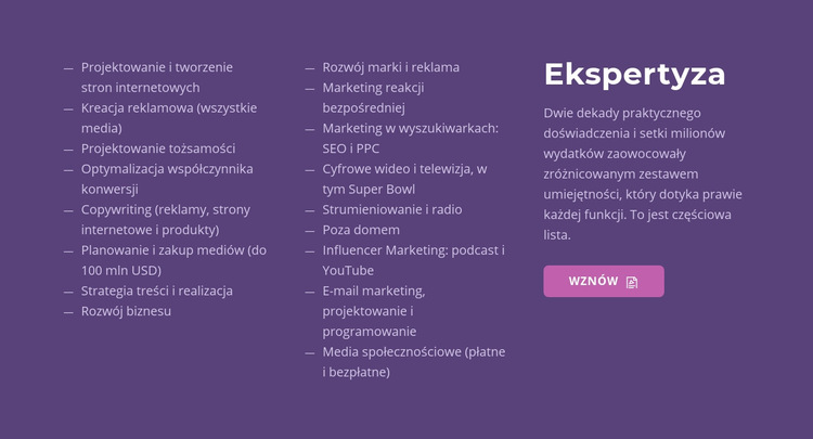 Tekst, lista i przycisk Szablon witryny sieci Web