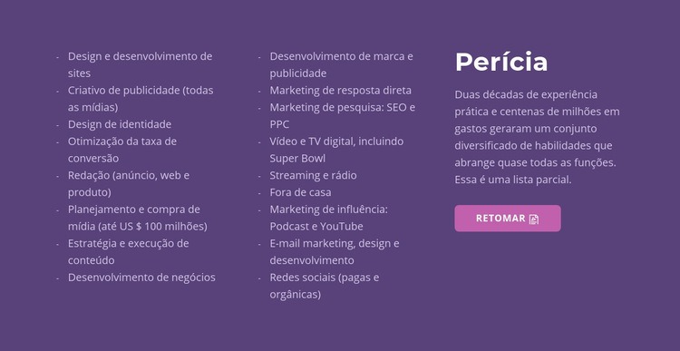 Texto, lista e botão Design do site