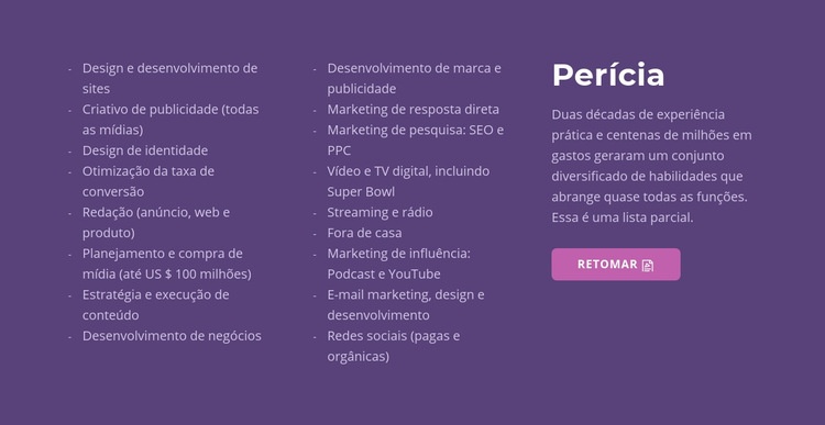 Texto, lista e botão Landing Page