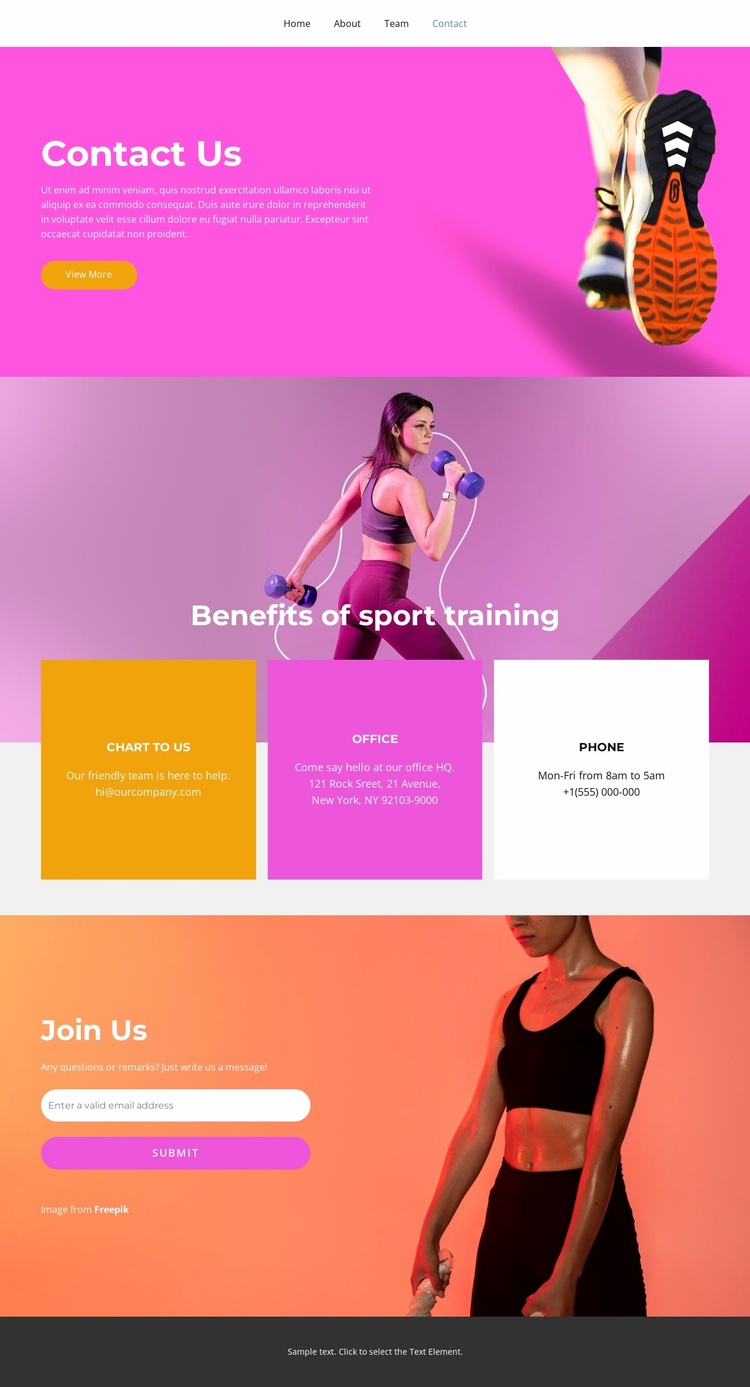 Sport club contacts Landing Page