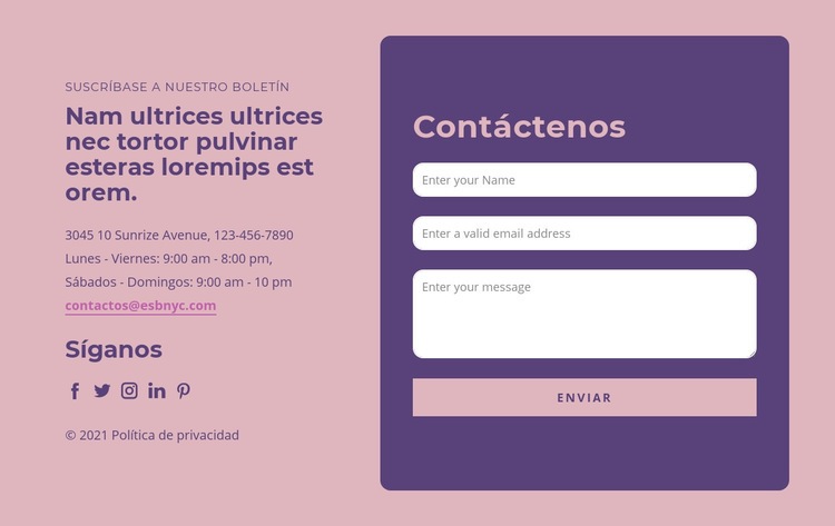 Diseño de bloque de contacto Maqueta de sitio web
