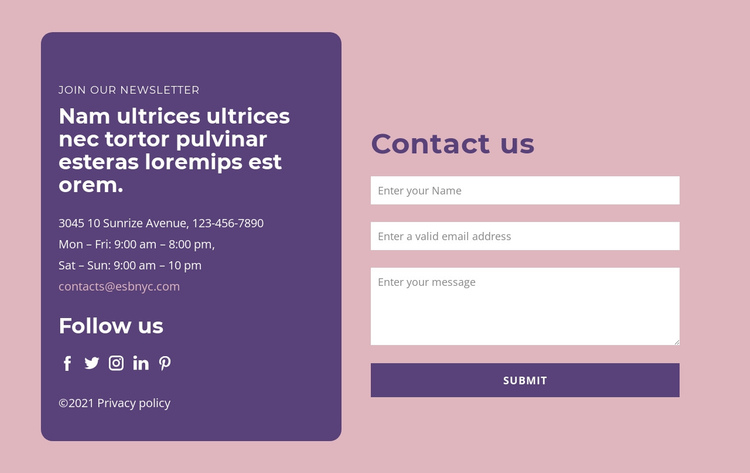 Contact form and text group One Page Template