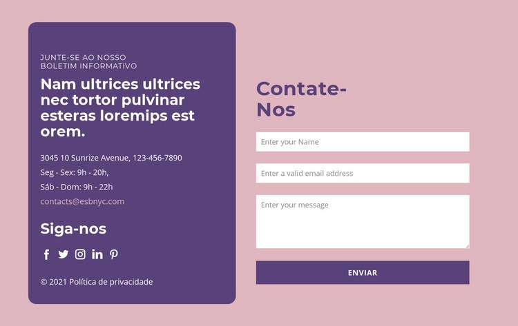 Formulário de contato e grupo de texto Design do site