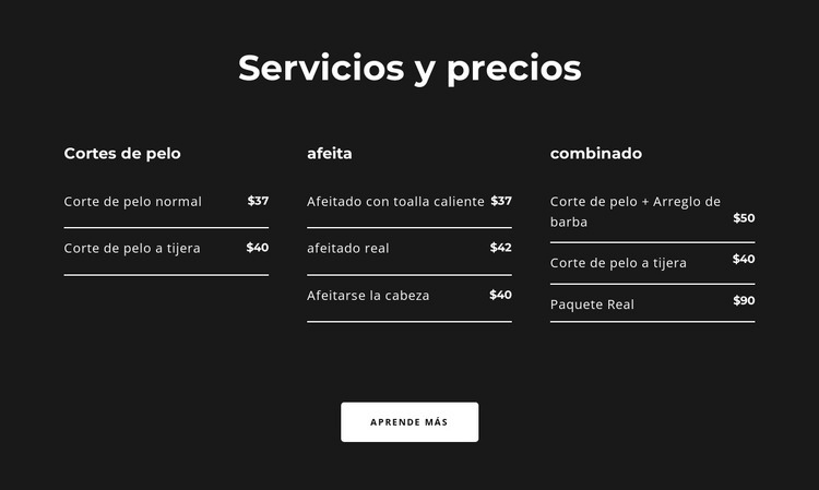 Servicios y precios Maqueta de sitio web