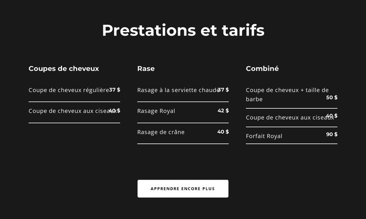 Prestations et tarifs Modèles de constructeur de sites Web