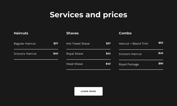 Services and prices Homepage Design