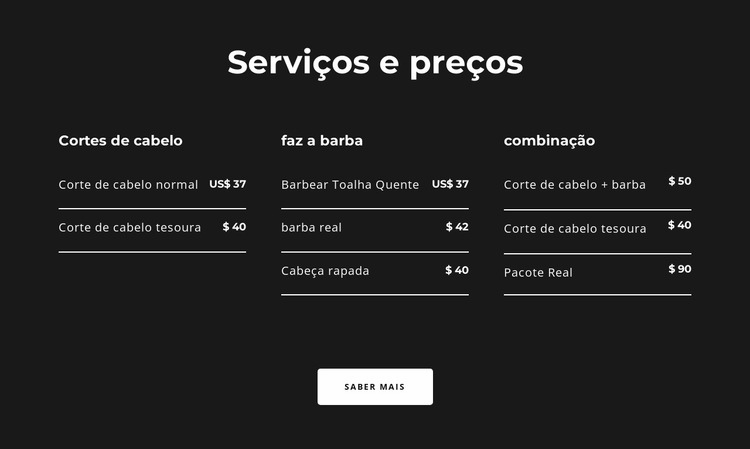 Serviços e preços Design do site