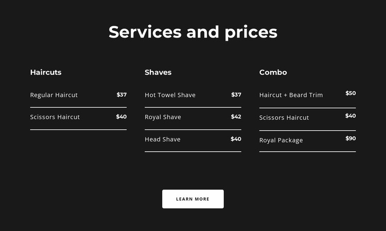 Services and prices Website Mockup