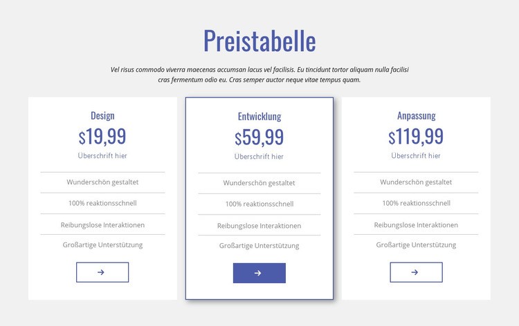 Saubere Preistabelle Landing Page