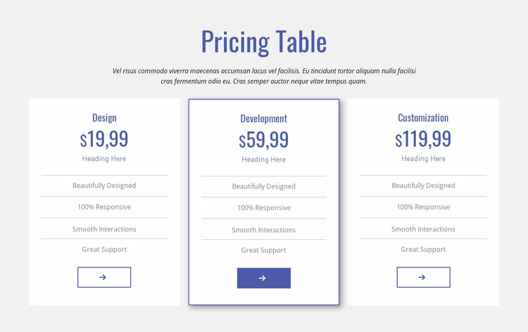 Clean pricing table WordPress Website Builder