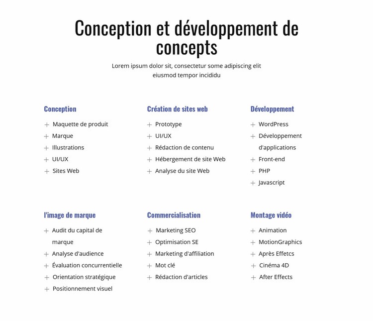 Conception et développement de concepts Page de destination