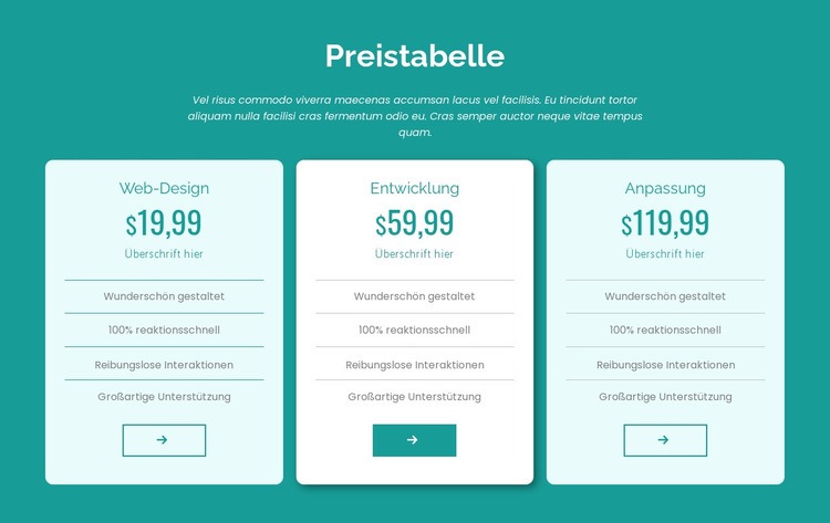 Preistabellenblock Landing Page