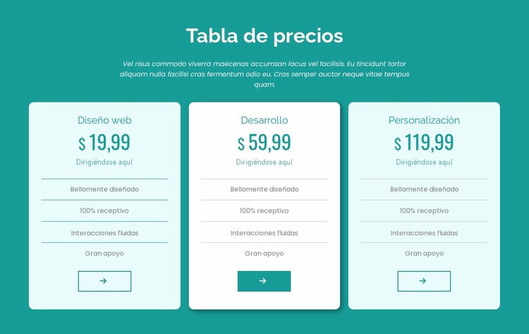 Bloque de tabla de precios Página de destino