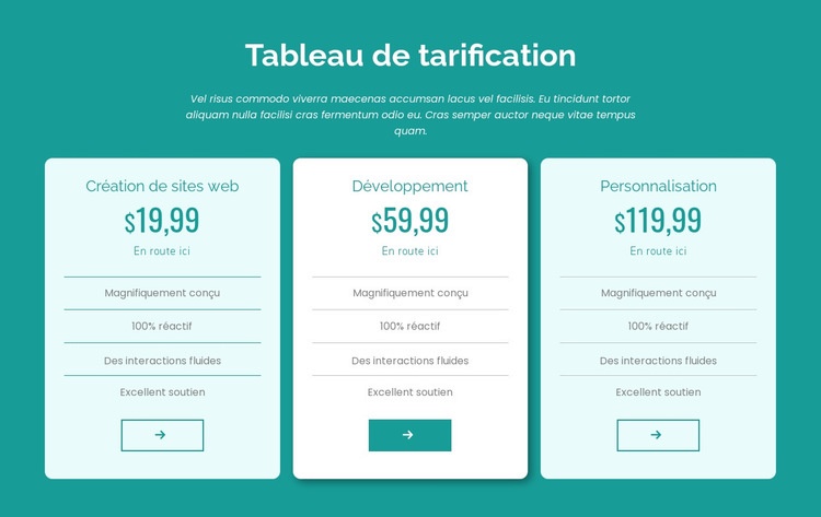 Bloc de tableau de prix Conception de site Web