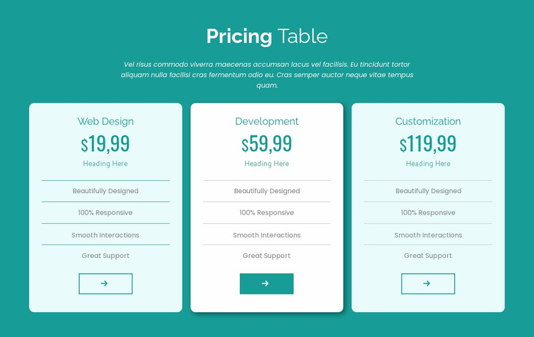 Pricing table block Landing Page
