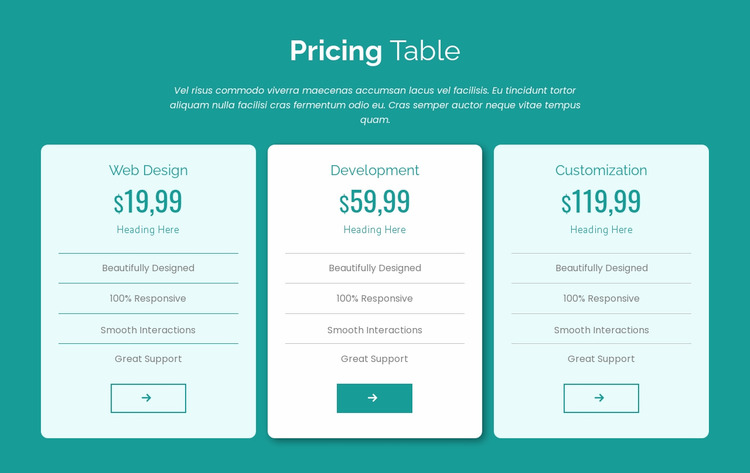 Pricing table block WordPress Website Builder