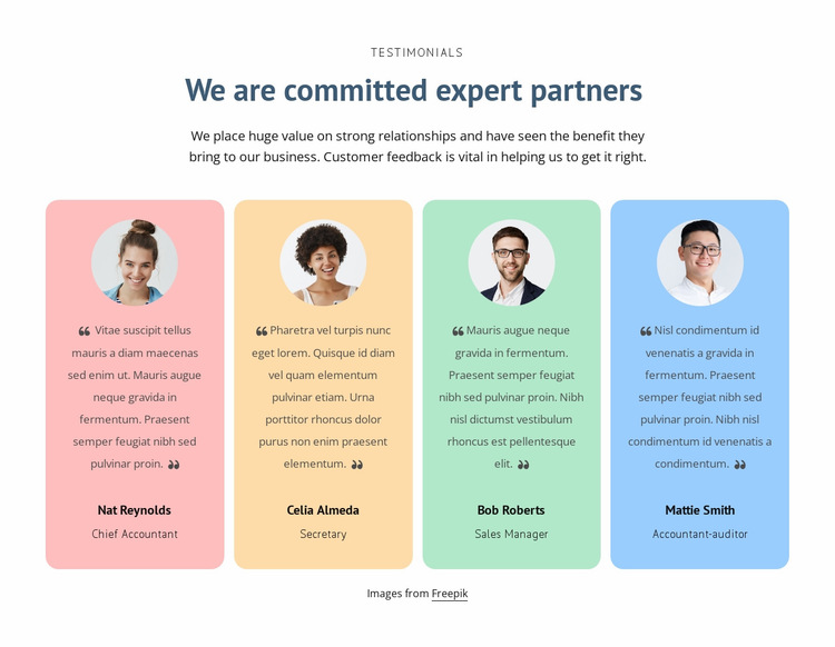 Testimonials with colored cells Website Builder Templates