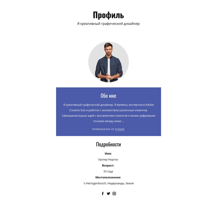 Профиль графического дизайнера Шаблон веб-сайта