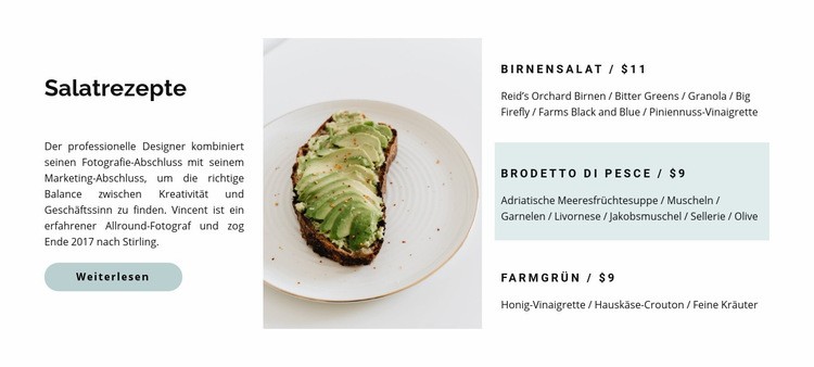 Menü mit leichten Salaten Landing Page
