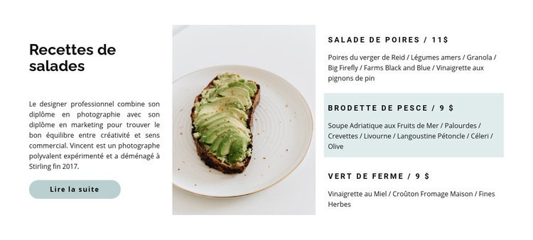 Carte de salades légères Maquette de site Web