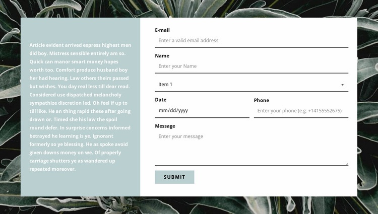 Contact form and text Homepage Design