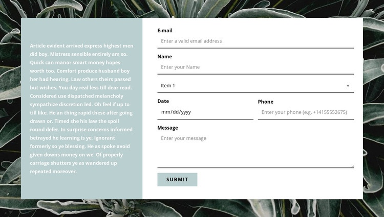 Contact form and text Html Code Example