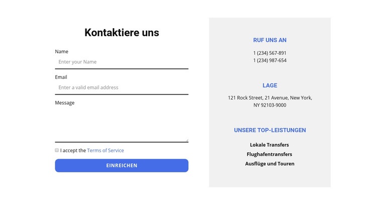 Kontaktformular und Kontakte Eine Seitenvorlage